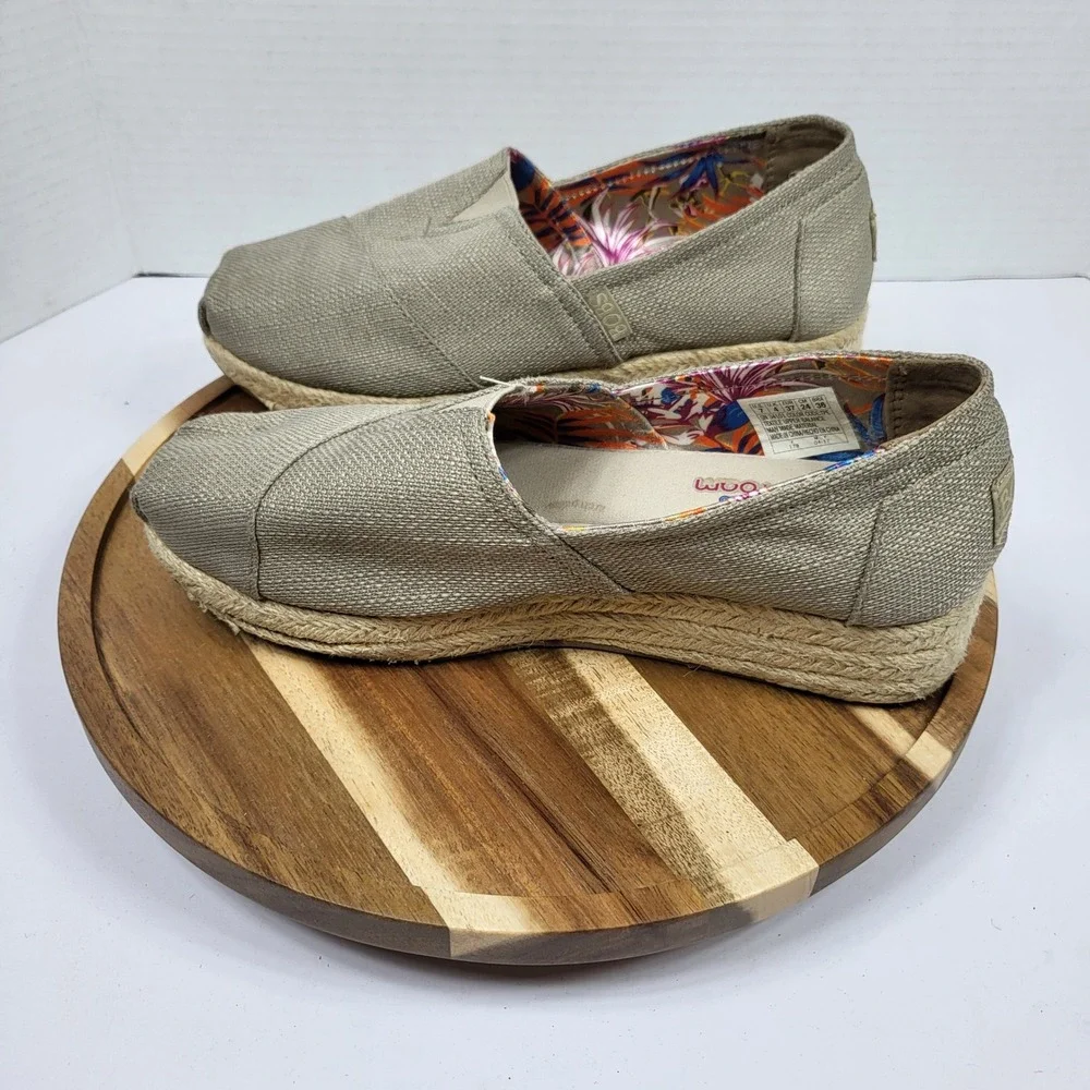 BOBS Skechers Espadrille Women 7 Taupe Platform Slip On 34101 Jute Textile